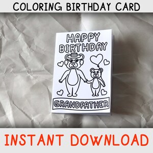 Tarjeta para colorear de feliz cumpleaños para abuelo de niño/niño con ositos para colorear, Tarjeta de cumpleaños imprimible para descargar del abuelo