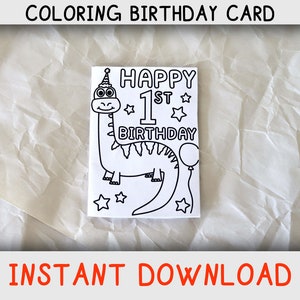 Cartão para colorir de feliz aniversário para criança de um ano que adora páginas para colorir e dinossauros, cartão de aniversário para imprimir para o primeiro aniversário, baixar