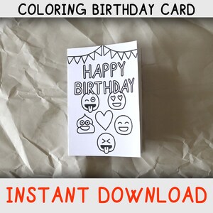Happy Birthday Coloring Card with emojis on for Coloring, Printable Birthday card with emojis for children, Instant digital download