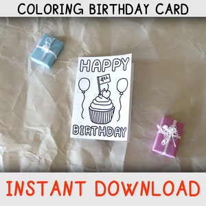 Happy Birthday Coloring Card for four year old who loves Coloring pages and cupcakes, Printable Birthday card for fourth birthday, download