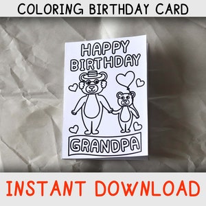 Tarjeta para colorear de feliz cumpleaños para el abuelo de niño / niño con osos para colorear, Tarjeta de cumpleaños imprimible para el abuelo Descarga instantánea