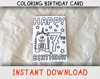 7th Birthday Coloring Card: Monster design (Printable Digital Download)