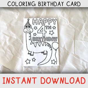 Tarjeta para colorear de feliz cumpleaños para un niño de cuatro años que ama las páginas para colorear y los dinosaurios, tarjeta de cumpleaños imprimible para el cuarto cumpleaños, descargar