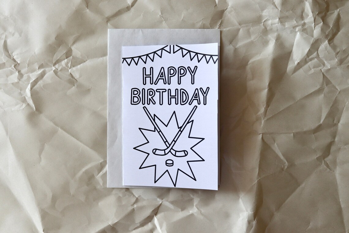 Happy Birthday Coloring Card for Kids Who Loves Ice Hockey and Coloring ...