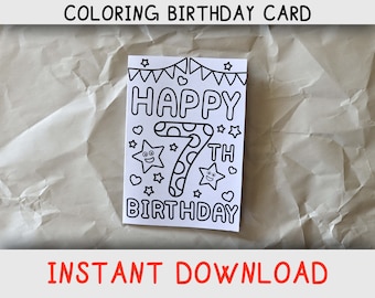 Puede incluir: Una tarjeta de cumpleaños para colorear blanca con las palabras "HAPPY 7TH BIRTHDAY" en negro. El número 7 está decorado con lunares. La tarjeta está rodeada de estrellas, corazones y una pancarta. Las palabras "COLORING BIRTHDAY CARD" e "INSTANT DOWNLOAD" están arriba y abajo.