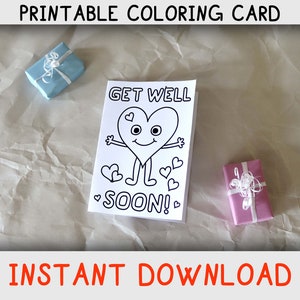 Coloriage imprimable obtenez bien bientôt carte avec coeur étreignant, téléchargement numérique instantané obtenir bien bientôt carte pour les enfants à donner, donner aux enfants