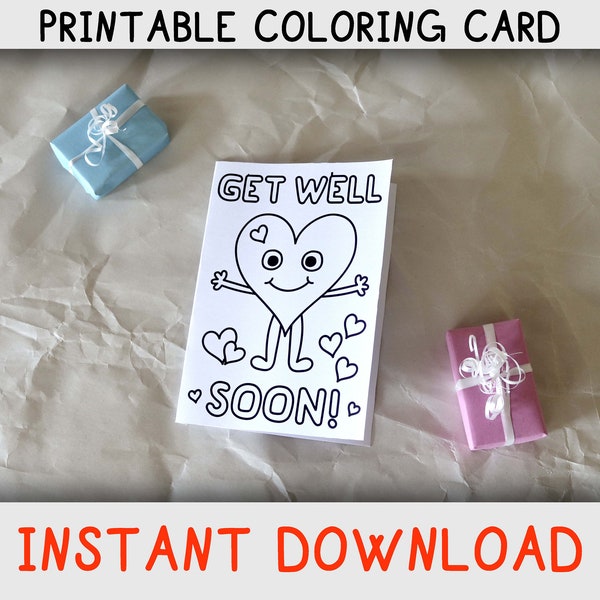 Printable coloring get well soon card with hugging heart, Instant Digital download get well soon card for children to give, give to childern