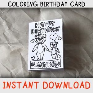 Tarjeta para colorear de feliz cumpleaños para el abuelo de niño / niño con osos para colorear, Tarjeta de cumpleaños imprimible para el abuelo Descarga instantánea