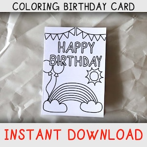 Carte de coloriage joyeux anniversaire pour les enfants qui aiment les arcs-en-ciel et les pages à colorier, carte d'anniversaire imprimable pour les amoureux de l'arc-en-ciel, téléchargement immédiat
