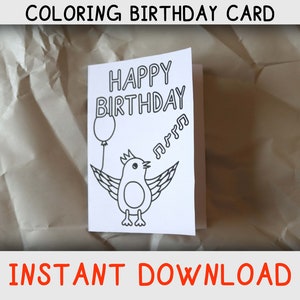 Tarjeta para colorear de feliz cumpleaños para niños que aman los pájaros y las páginas para colorear, tarjeta de cumpleaños imprimible para los amantes de las aves, descarga digital instantánea