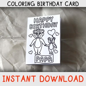 Cartão para colorir de feliz aniversário para papai de criança / criança com ursos para colorir, cartão de aniversário para impressão para avô, download instantâneo
