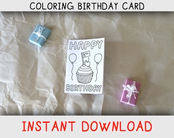 Happy Birthday Coloring Card for eight year old who loves Coloring pages and cupcakes, Printable Birthday card for eight birthday, download
