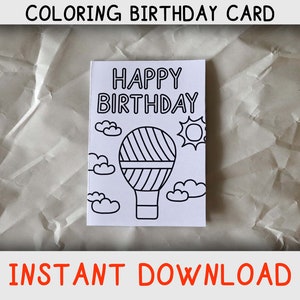 Cartão para colorir de feliz aniversário para crianças que amam balões de ar quente e páginas para colorir, cartão de aniversário para impressão com balão de ar quente, download