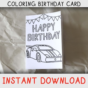 Alles Gute zum Geburtstag Malkarte für Kinder, die Autos liebt und Malvorlagen, druckbare Geburtstagskarte für Autoliebhaber, Sofortiger Download Sportwagen