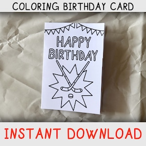 Carte de coloriage joyeux anniversaire pour les enfants qui aiment le hockey sur glace et les pages à colorier, carte d'anniversaire imprimable pour les amateurs de hockey, téléchargement immédiat