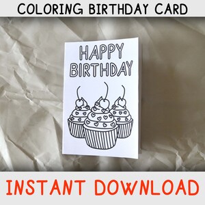 Carte de coloriage joyeux anniversaire pour les enfants qui aiment les cupcakes et les pages à colorier, carte d'anniversaire imprimable pour les amateurs de cupcakes, téléchargement immédiat
