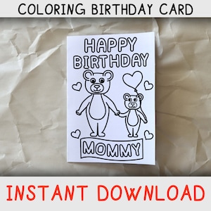 Cartão para colorir de feliz aniversário para mamãe / mãe de criança / criança com ursos para colorir, cartão de aniversário para impressão para mãe, download instantâneo