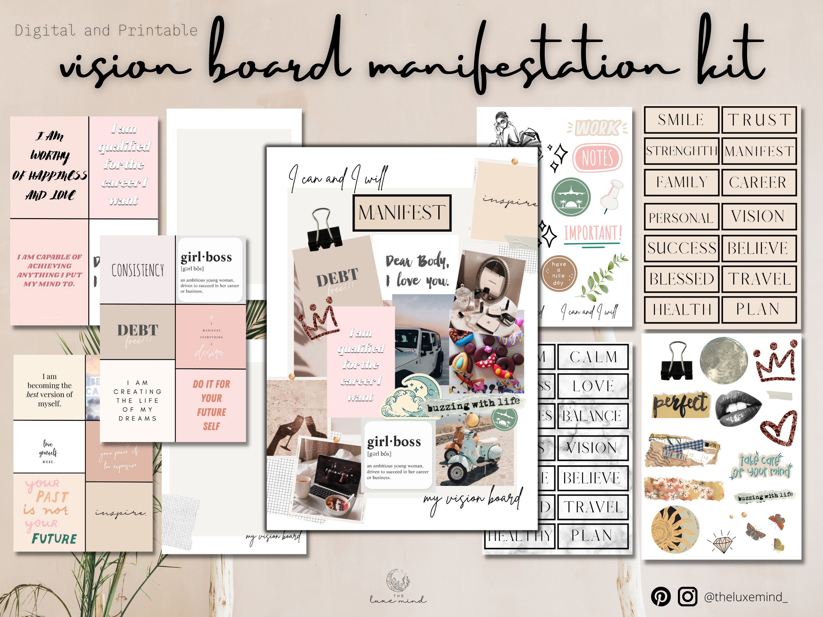 Vision Board & Manifestation Kit Printable // Dream Board Kit // Printable  Checks // Affirmation Card Printables // Printable Stickers 