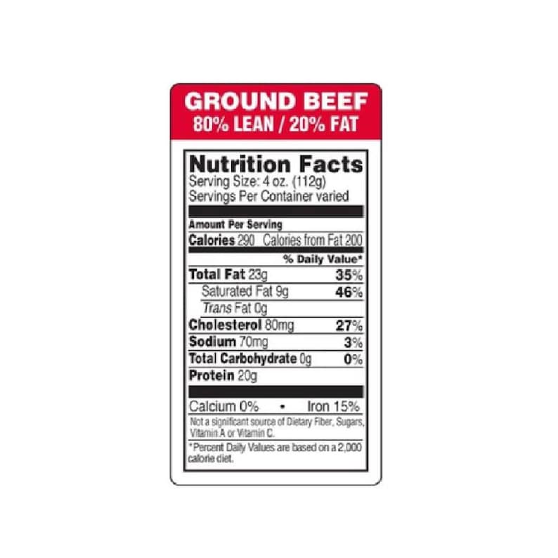 GROUND BEEF Nutrition Facts Label 80 LEAN 20 Fat 1 5 X 3 Rectangle 