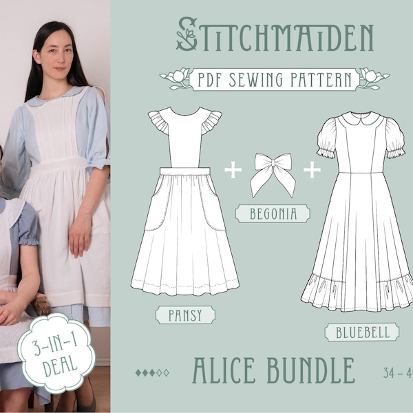 Alice Bundle | EU 34-46 | PDF Sewing pattern | Instant download A4, US Letter, A0 pattern | Best Deal - 3 Patterns in 1 (Dress, Apron, Bows)