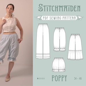 May include: A PDF sewing pattern titled Stitchmaiden Poppy, sizes 34-46, featuring line drawings of various pant lengths with elastic waistbands and ruffled hems, alongside a photograph of a white sleeveless top and light blue ruffled pants.