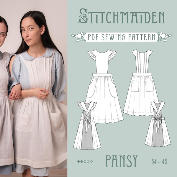 Pansy Apron | EU 34-46 | PDF Sewing pattern | Instant download A4, US Letter, A0 pattern | 2 versions cute apron with back tie and ruffles