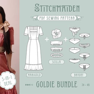 Goldie Bundle | EU 34-46 | PDF Sewing Pattern | Instant download A4, US Letter, A0 pattern | Best Deal - 3 in 1 (Dress, Scrunchie & Belt)