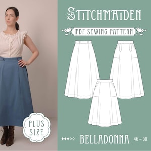 May include: A woman wearing a light-colored blouse and a blue skirt. The image also shows a PDF sewing pattern for a skirt, labeled "Belladonna" with sizes 46-58. The pattern is from "Stitchmaiden" and includes a "Plus Size" label.