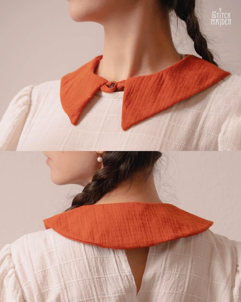 May include: A burnt orange, textured collar with a rounded shape and a small tie closure. The collar is worn over a white, textured blouse. The image shows the collar from the front and back. The text "Stitch Maiden" is visible in the upper right corner.