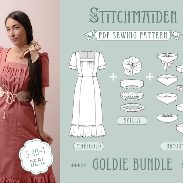 Goldie Bundle | EU 34-46 | PDF Sewing Pattern | Instant download A4, US Letter, A0 pattern | Best Deal - 3 in 1 (Dress, Scrunchie & Belt)