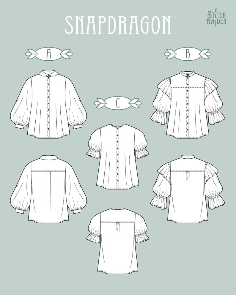 Snapdragon Blouse | EU 34-46 | PDF Sewing pattern | Instant download A4, US Letter, A0 pattern | 3 versions statement sleeve shirt afbeelding 2