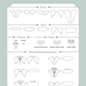 May include: An illustrated diagram labelled "MIX & MATCH" showcasing different collar and closure designs. It features front, back, closure, and collar options, including ties and buttons. Examples of mixed collar styles are also shown. The Stitch Maiden logo is visible.