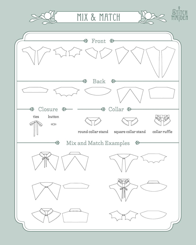 May include: An illustrated diagram labelled "MIX & MATCH" showcasing different collar and closure designs. It features front, back, closure, and collar options, including ties and buttons. Examples of mixed collar styles are also shown. The Stitch Maiden logo is visible.