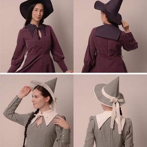 May include: A witch hat with a wide brim and pointed crown, worn with a long-sleeved dress. The hat is dark purple, and the dress is a matching shade. The second hat is grey with a white brim and ribbon. The text "STITCH MAIDEN" is visible.