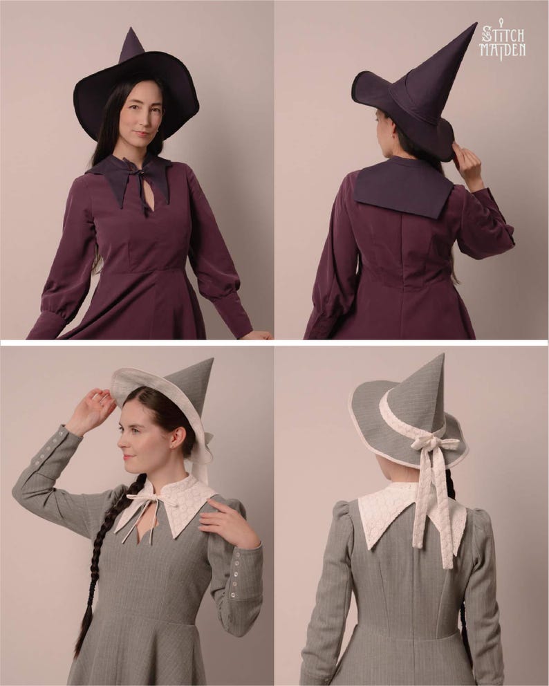 May include: A witch hat with a wide brim and pointed crown, worn with a long-sleeved dress. The hat is dark purple, and the dress is a matching shade. The second hat is grey with a white brim and ribbon. The text "STITCH MAIDEN" is visible.