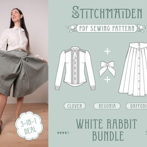 White Rabbit Bundle | EU 34-46 | PDF Sewing pattern | Instant download A4, US Letter, A0 pattern | Best Deal - 3 in 1 (Blouse, Skirt, Bow)