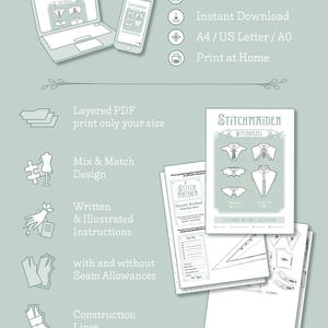 May include: Digital sewing pattern by Stitch Maiden, featuring a Witchhazel collection. The image shows a laptop and phone displaying the pattern, along with printed instructions and diagrams. Includes layered PDF, mix & match design, and construction lines.