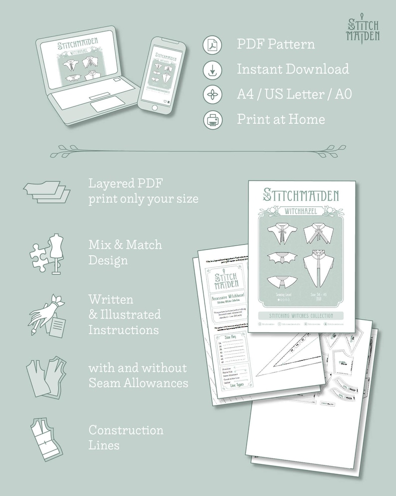 May include: Digital sewing pattern by Stitch Maiden, featuring a Witchhazel collection. The image shows a laptop and phone displaying the pattern, along with printed instructions and diagrams. Includes layered PDF, mix & match design, and construction lines.