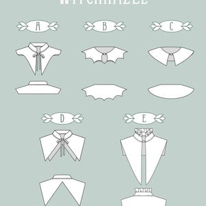 May include: An illustration of five white collar designs, labelled A to E, with corresponding patterns below. The word "WITCHHAZEL" is at the top, and "Stitch Maiden" is in the upper right corner. The background is a pale green.