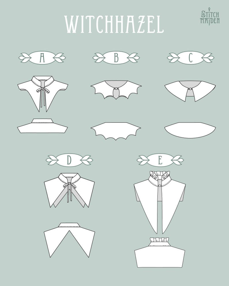 May include: An illustration of five white collar designs, labelled A to E, with corresponding patterns below. The word "WITCHHAZEL" is at the top, and "Stitch Maiden" is in the upper right corner. The background is a pale green.