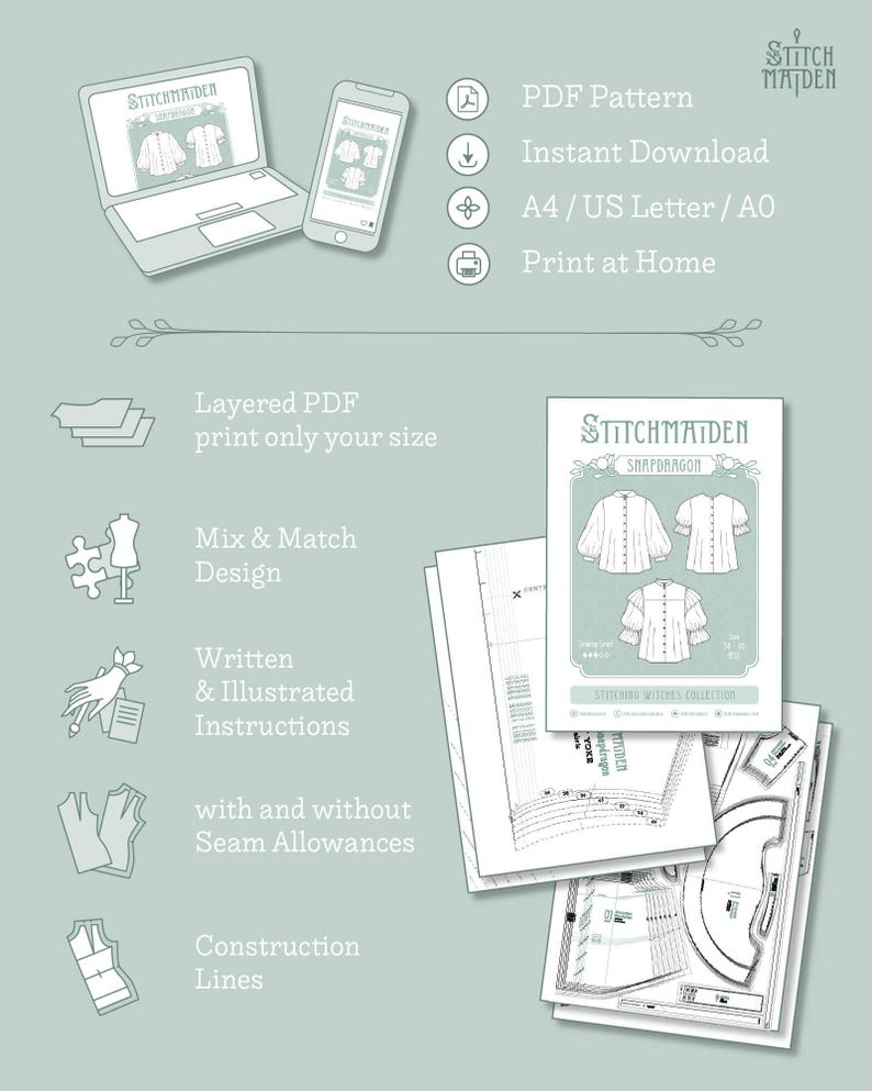 Snapdragon Blouse | EU 34-46 | PDF Sewing pattern | Instant download A4, US Letter, A0 pattern | 3 versions statement sleeve shirt afbeelding 5