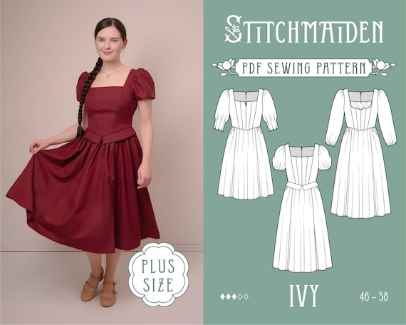 Ivy Dress | Plus Size | EU 46-58 | PDF Sewing pattern | Instant download  A4, US Letter, A0 pattern | 3 versions fitted princess bodice dress