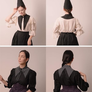 May include: A selection of vintage-style outfits. The ensembles feature a black cone hat, white blouses with frilled sleeves, black skirts, and a black or grey collar. The clothing has a historical aesthetic.
