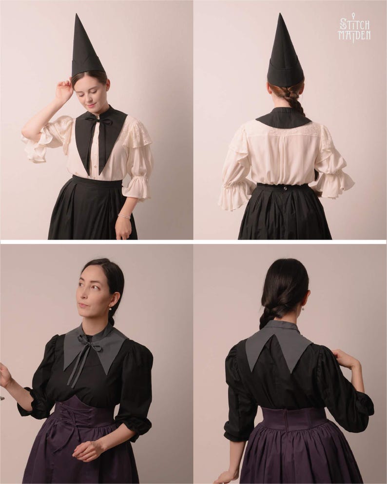 May include: A selection of vintage-style outfits. The ensembles feature a black cone hat, white blouses with frilled sleeves, black skirts, and a black or grey collar. The clothing has a historical aesthetic.
