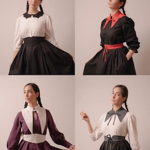 May include: Four images of a person modelling vintage-style dresses. The dresses have a high waist, long sleeves, and a full skirt. Each dress features a unique collar and belt design, with colours including black, white, red, and purple. The Stitch Maiden logo is visible.