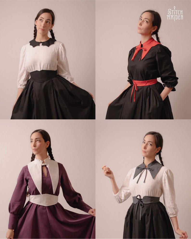 May include: Four images of a person modelling vintage-style dresses. The dresses have a high waist, long sleeves, and a full skirt. Each dress features a unique collar and belt design, with colours including black, white, red, and purple. The Stitch Maiden logo is visible.