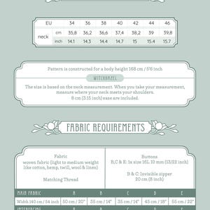 May include: A size guide with measurements in centimetres and inches for a sewing pattern. The guide includes neck measurements in inches from 14.1 to 15.7 and centimetres from 35.8 to 39.8. Fabric requirements are also listed, including fabric width and interfacing.