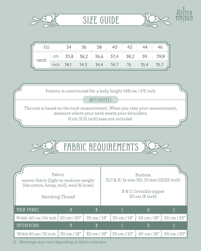 May include: A size guide with measurements in centimetres and inches for a sewing pattern. The guide includes neck measurements in inches from 14.1 to 15.7 and centimetres from 35.8 to 39.8. Fabric requirements are also listed, including fabric width and interfacing.