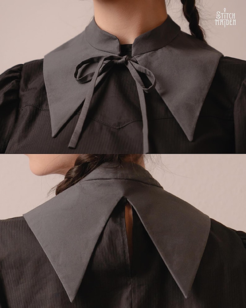 May include: A grey detachable collar with a pointed design and a matching tie. The collar is worn over a dark grey shirt. The image shows the front and back of the collar. The text "Stitch Maiden" is visible in the upper right corner.