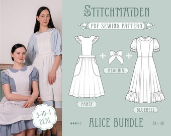 Alice Bundle | EU 34-46 | PDF Sewing pattern | Instant download A4, US Letter, A0 pattern | Best Deal - 3 Patterns in 1 (Dress, Apron, Bows)